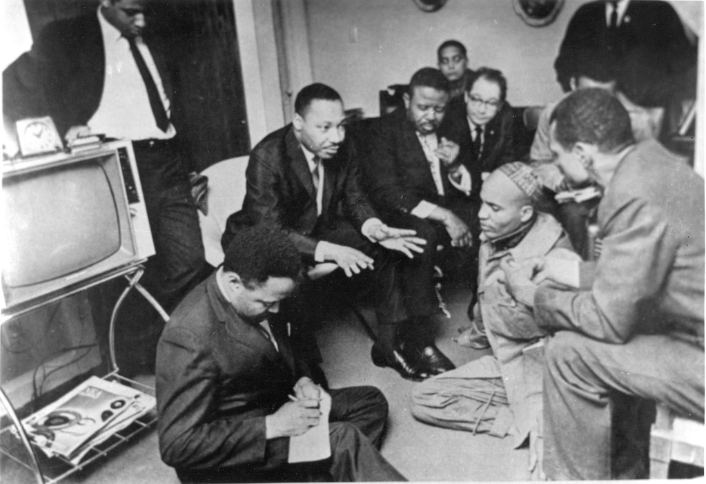 Strategy sessions would sometimes last for hours. C.T. Vivian (on the right), became a close ally of Hosea Williams, Martin Luther King Jr., Ralph David Abernathy and James Bevel (on the floor with the hat).