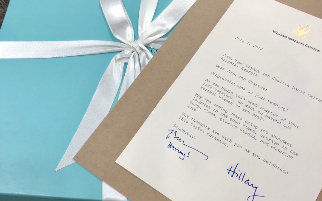 Special, On Top of Special:  A Wedding Note from President and Mrs. Clinton.